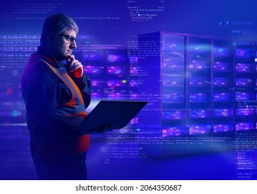 Sysadmin man laptop. Work of sysadmin in server room. Male engineer in server room. Administration of local servers. Sysadmin against background of servers and program code. Creation server software
