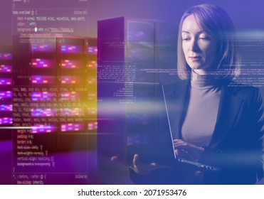 Sysadmin Woman. Sysadmin With Laptop. System Administrator Portrait Double Exposure. Server Hardware Programming. Creation Of Software For Data Center Concept. Code And Server Next To Girl.