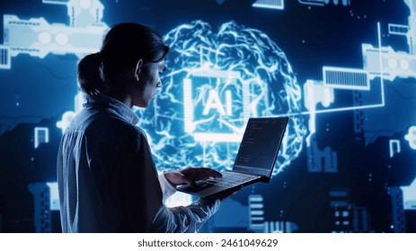 System admin in data center running programming scripts on laptop, solving tasks. Certified developer manipulating lines of code for artificial intelligence applications development