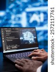 System administrator analyzing complex AI brain models on laptop. Close up shot of worker using machine learning on notebook device to develop artificial intelligence technology
