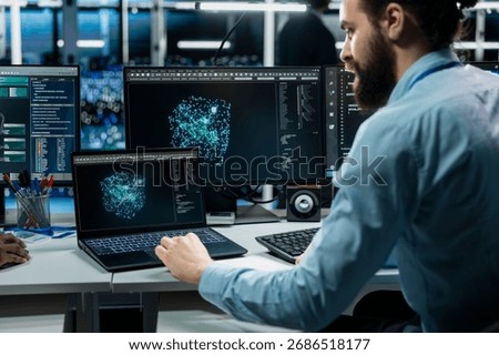 System administrator in data center using AI LLM assistant to perform maintenance on infrastructure rigs. Server hub employee using large language model chatbot to do backup on storage arrays