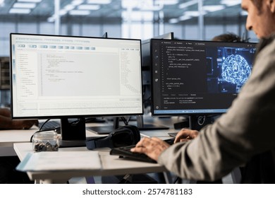 System administrator doing data center automation using AI and machine learning tools. IT specialist integrating artificial intelligence driven automation in server room operations