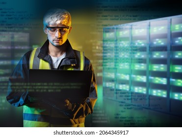 System Administrator. Engineer inside server room. Male engineer with laptop. He configures hosting equipment concept. Setting up server hardware. Server administration. Blurred background