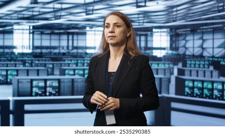 System administrator in high tech data center looking at hologram visualization. Computer scientist working on securing server terminals using AR tech, preventing hacker attacks, camera A - Powered by Shutterstock