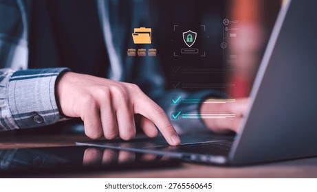 System administrator managing online document database with security shield interface, showcasing secure file storage, access control system, cloud synchronization, and digital compliance process.