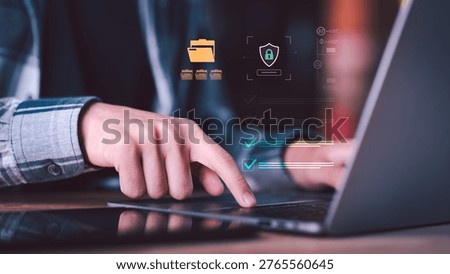 System administrator managing online document database with security shield interface, showcasing secure file storage, access control system, cloud synchronization, and digital compliance process.