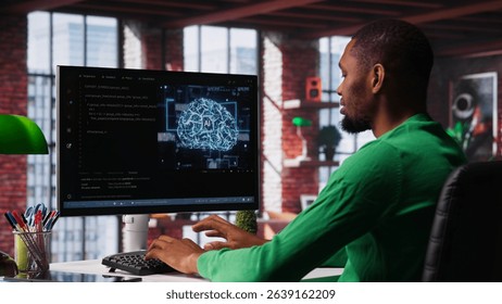 System administrator programming AI brain computerized model of neural network for machine learning, solving tasks on computer. Debugging software algorithm and checking for errors. Camera A.