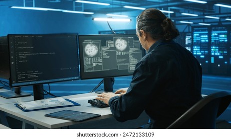 System administrator in server room frightened by sensitive data threatened by hacking attack on computers. Afraid man jumping out of desk chair, rushing to save data center from unauthorized access - Powered by Shutterstock - Get 15% off with code: PIKWIZARD15