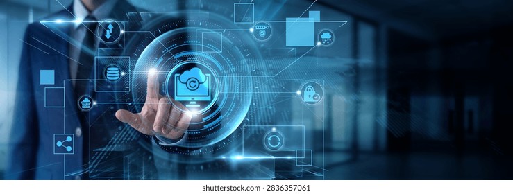 System Administrator touching Backup data and disaster recovery solution, secure cloud storage replication, digital file preservation, server failure protection.
