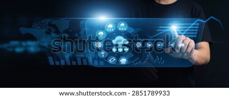 System administrator using modern interface for enterprise cloud computing nodes. Engineer deploying virtual machine clusters, allocating server storage, and balancing network traffic loads.