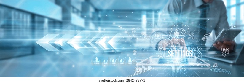System administrator using a tablet to analyze settings data configuration parameters, customization security optimization automation integration transformation performance management.