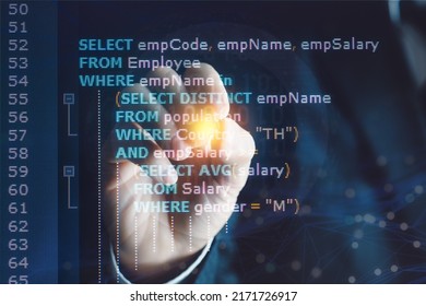 System Analyst Or Businessman Coding SQL (Structured Query Language) Code. Example Of SQL Code To Query Data From A Database. 