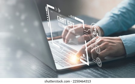 System Artificial intelligence chatbot , Businessman using Laptop or Smartphone With ChatGPT Chat Bot AI , Technology smart robot Ai Chat GPT application software , robot application Chat GPT - Shutterstock ID 2250464313