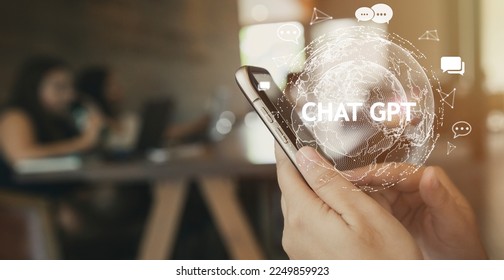 System Artificial intelligence chatbot , Hand using Smartphone With ChatGPT Chat Bot AI , Technology smart robot Ai Chat GPT application software , robot application Chat GPT - Shutterstock ID 2249859923
