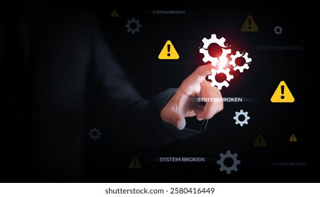 System broken and security failed concept background with warning shapes. Man touching broken setting shape representing unauthorized access, hacking attempt, cyber security threat, failed system