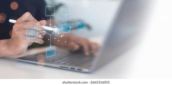 System developers draw business process flowcharts to implement and improve the system on a virtual screen. Digital Workflow concept.