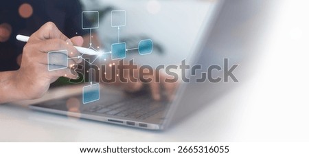 System developers draw business process flowcharts to implement and improve the system on a virtual screen. Digital Workflow concept.