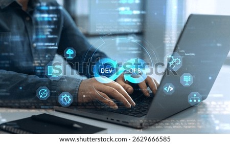System engineer and programming digital development. Agile programming and DevOps technology. IT operations concept. Software quality and software development.