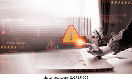 System error alert and cybersecurity warning on virtual screen with warning icon and HTML code, representing data breach risk, hacking threat, and system failure detection. - Powered by Shutterstock - Get 15% off with code: PIKWIZARD15
