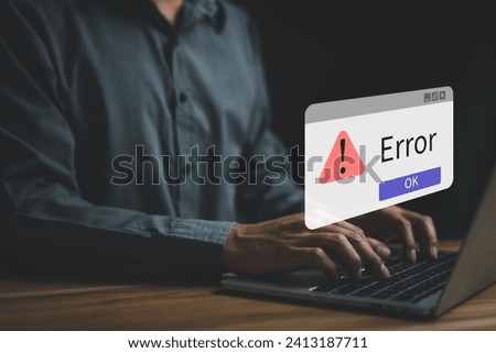 System Error alert technology. Incorrect data access, encoding. Computer has problem. Internet and database security. attack from hackers. Protection viruses, spyware. website, message, account.