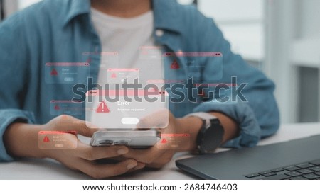 System error concept showing smartphone with multiple warning pop-up messages, symbolizing software bug, app crash, mobile failure, digital problem, and technology troubleshooting.