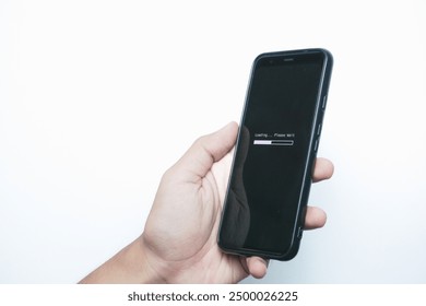System error, slow loading, no connection to wifi on mobile smartphone screen in man hand. No signal internet connection on cellphone. System software update and upgrade loading process.
