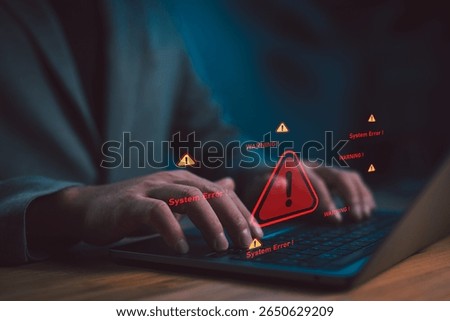 System error and warning alert concept showing red caution icons on a laptop screen, symbolizing data failure, bugs or cyber threats. Perfect for tech issues, IT risk content and error diagnostics.