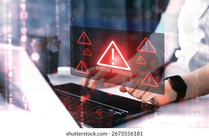 System hack warning alert.Cyber ​​attack on computer network. Cyber security and cybercrime.Malware or malicious,virus, attack data and spyware software. - Powered by Shutterstock - Get 15% off with code: PIKWIZARD15