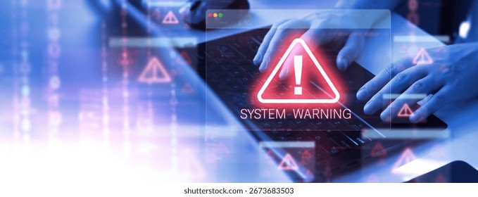 System hack warning alert.Cyber ​​attack on computer network. Cyber security and cybercrime.
