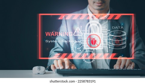 System hacked alert after a cyber attack on the computer network. Cybersecurity vulnerability, data breach, illegal connection, compromised information concept, Malicious software, virus cybercrime