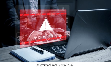 System hacked alert after cyber attack on computer network. Cybersecurity vulnerability, data breach, illegal connection, compromised information concept. Malicious software, virus and cybercrime.