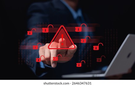 System hacked alert after cyberattack, Cybersecurity, Internet cyber crime, Hacker working on computer, Digital crime by an anonymous hacker, Ransomware, Phishing, Spyware, Compromised information.