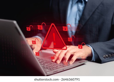 System hacked alert after cyberattack, Cybersecurity, Internet cyber crime, Hacker working on computer, Digital crime by an anonymous hacker, Ransomware, Phishing, Spyware, Compromised information.