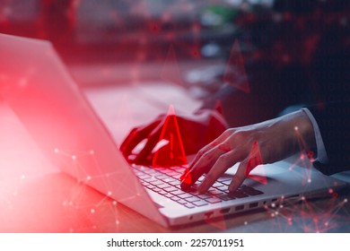 System hacked warning alert on notebook (Laptop). Cyber attack on computer network, Virus, Spyware, Malware or Malicious software. Cyber security and cybercrime. Compromised information internet.