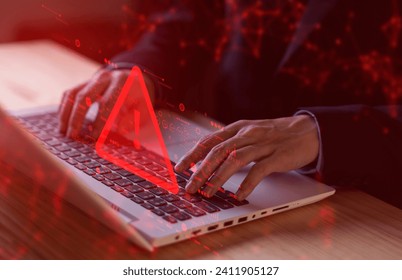 System hacked warning alert on notebook (Laptop). Cyber attack on computer network, Virus, Spyware, Malware or Malicious software. Cyber security and cybercrime. Compromised information internet.