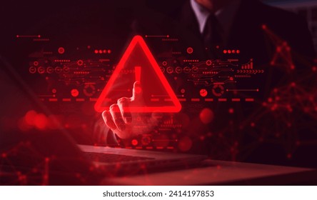 System hacked warning alert on notebook (Laptop). Cyber attack on computer network, Virus, Spyware, Malware or Malicious software. Cyber security and cybercrime. Compromised information interne