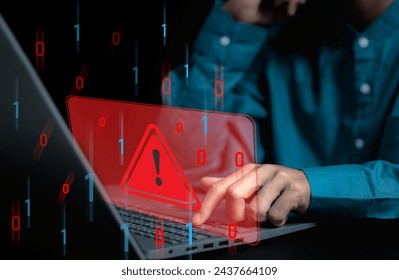 System hacked warning alert on notebook (Laptop). Cyber attack on computer network, Virus, Spyware, Malware or Malicious software. Cyber security and cybercrime. Compromised information internet.

