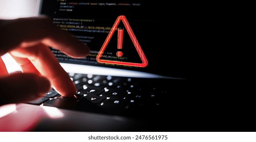 System hacked warning alert on laptop. Cyber attack on computer network, Virus, Spyware, Malware or Malicious software. Cyber security and cybercrime. alarm caution warning notification