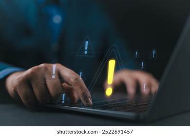 System hacked warning alert on Laptop computer. Cyberattack on computer network, Virus, Spyware, Malware or Malicious software. Cybersecurity and cybercrime. Compromised information internet.