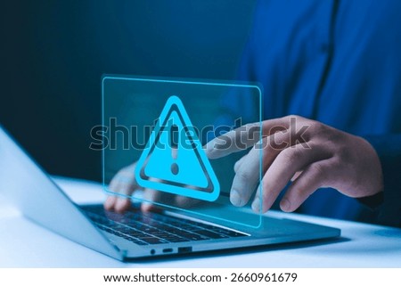 System hacked warning alert on laptop. error 404 alerts on a laptop, caution of spam in website digital Cyber attack on computer network, Virus, Spyware, Malware or Malicious software. Cyber security
