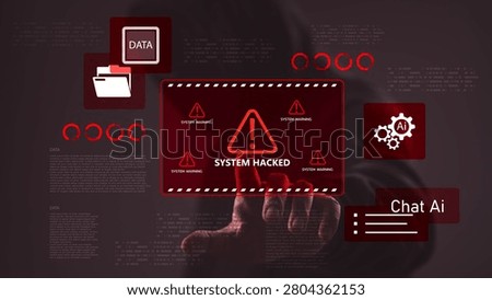 System hacked warning interface with red alert icons, data files, and AI elements over hooded hacker background, representing cyber attack, artificial intelligence threat, and digital security risk.