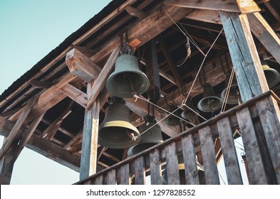 System Of Metal Orthodox Church Bells. Bottom View.