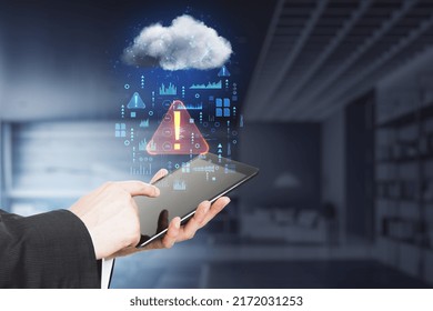 System or network error concept with man hand using modern smartphone and abstract digital data cloud network interface with exclamation point