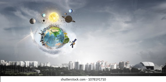 System of planets . Mixed media