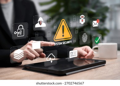System Security Cyber Update Concept, Businesswoman Reviewing Security Systems, Protecting Against Scammers, Secure Login, Data Account Protection, Hacker Defence, Finger print, Identity verification