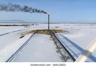 System Of A Torch On An Oil Field. Area Flare System.