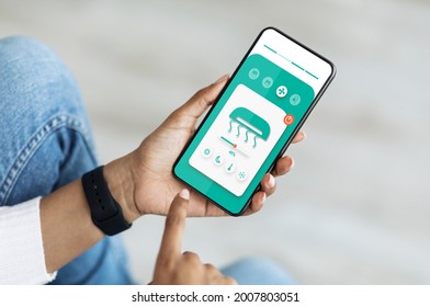 System of ventilation, climate control, simple smart home control with mobile app and modern technology. Millennial female managing smartphone with icons, pushing buttons on touch screen, collage