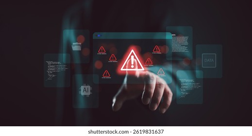 System warning alert on virtual interface with hand interaction. Concept of cybersecurity risk, data breach, malware, hacking, IT failure, and digital system vulnerability in modern technology.