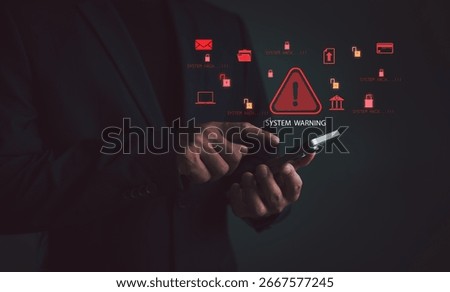 System warning alert showing hacker attack notifications on mobile device, representing cybersecurity threat, data breach, malware attack and digital security risks in modern technology.