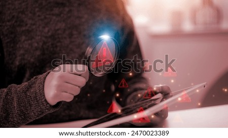 system warning or alert, technology scam Concept, user showing warning of access to software, virus, malicious cyber attack or online network hacking threat, technology security on computer.